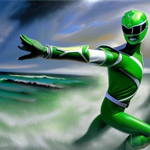 Green Power Ranger Beach Scene in Hyperrealism