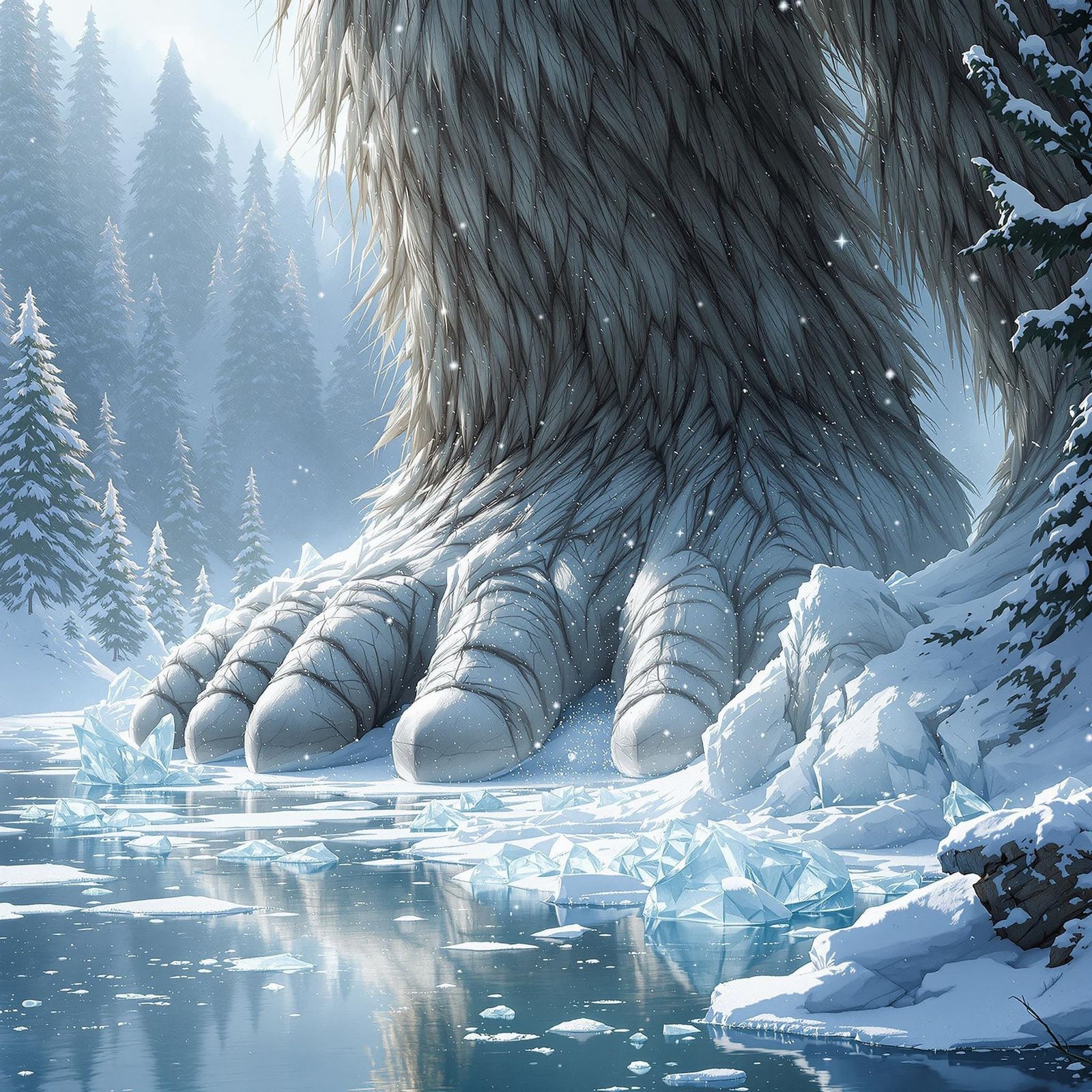 Giant Treads Through Snowy Forest in Realistic Winter Scene