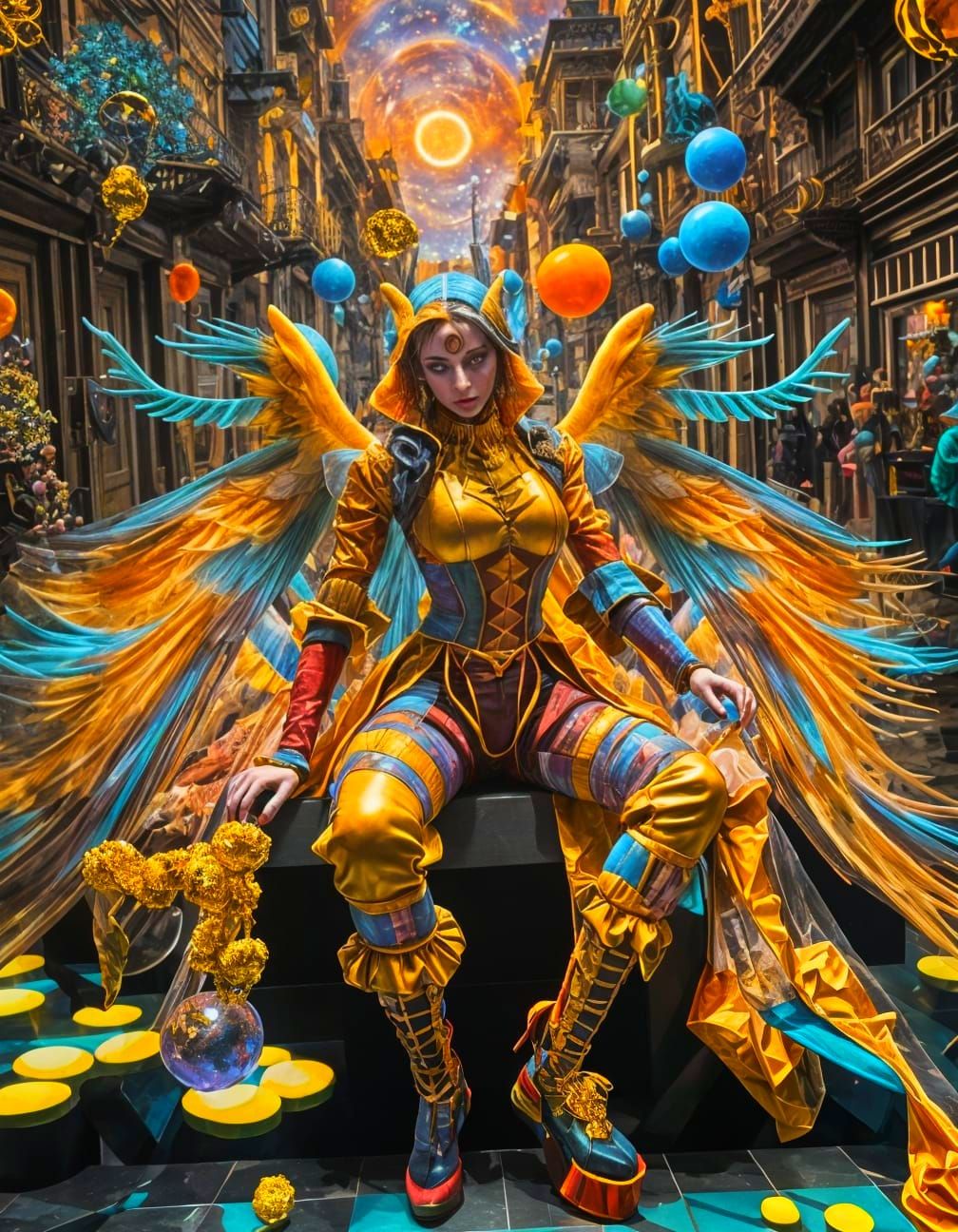 Surreal Cityscape with Harlequin Clowns and Vibrant Neon