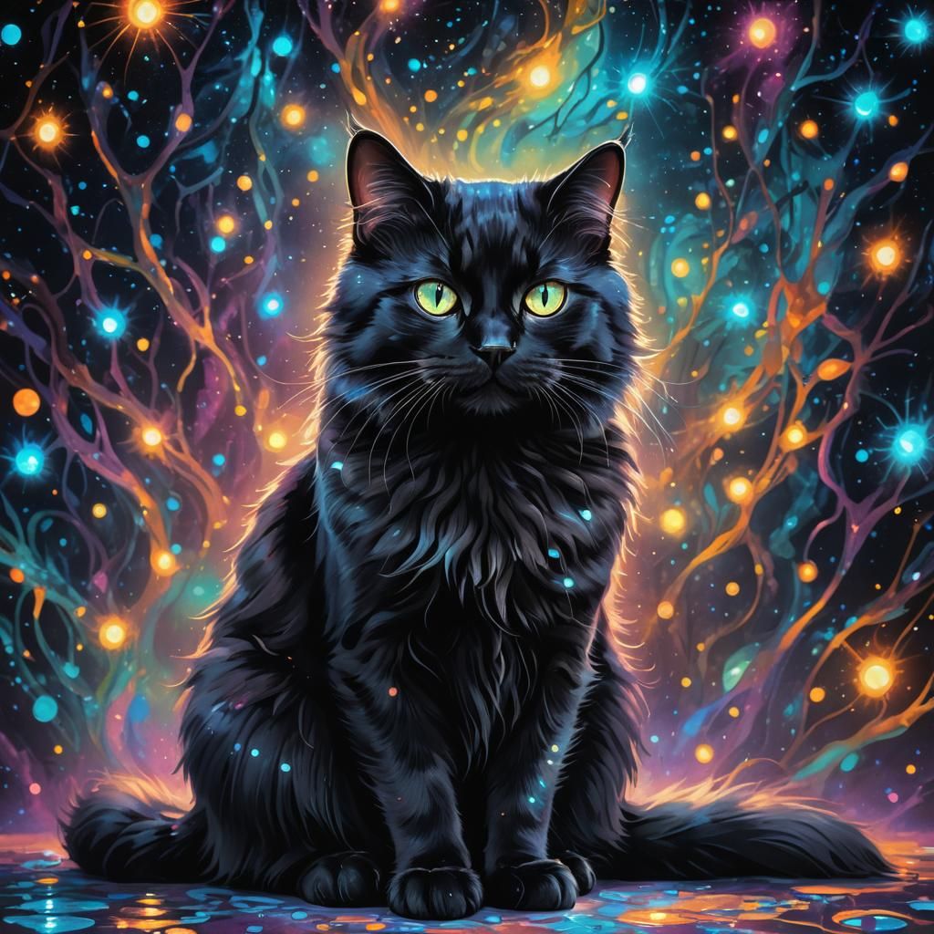 Bioluminescent Black Cat with Glowing Eyes
