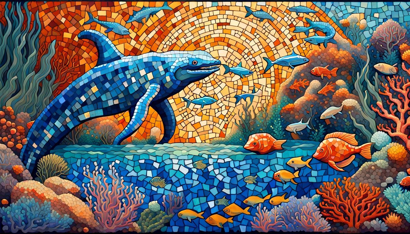Vibrant Plesiosaur Marine Life in Mosaic Style