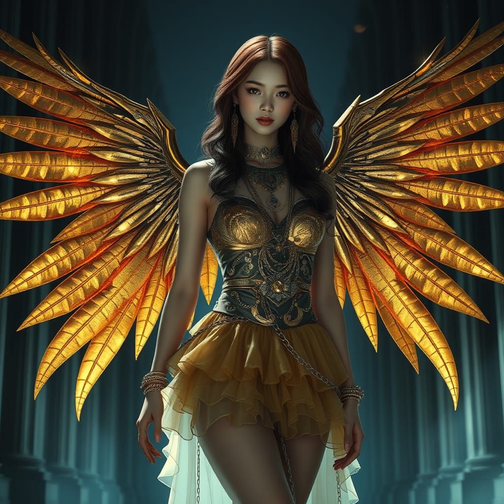 Ethereal Asian Woman with Golden Wings in Gothic Style