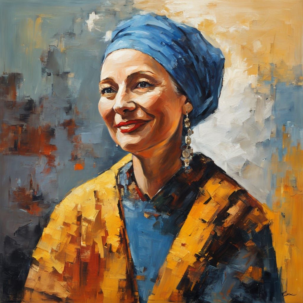 Happy Woman in a Vermeer-Inspired Oil Painting with Vibrant....