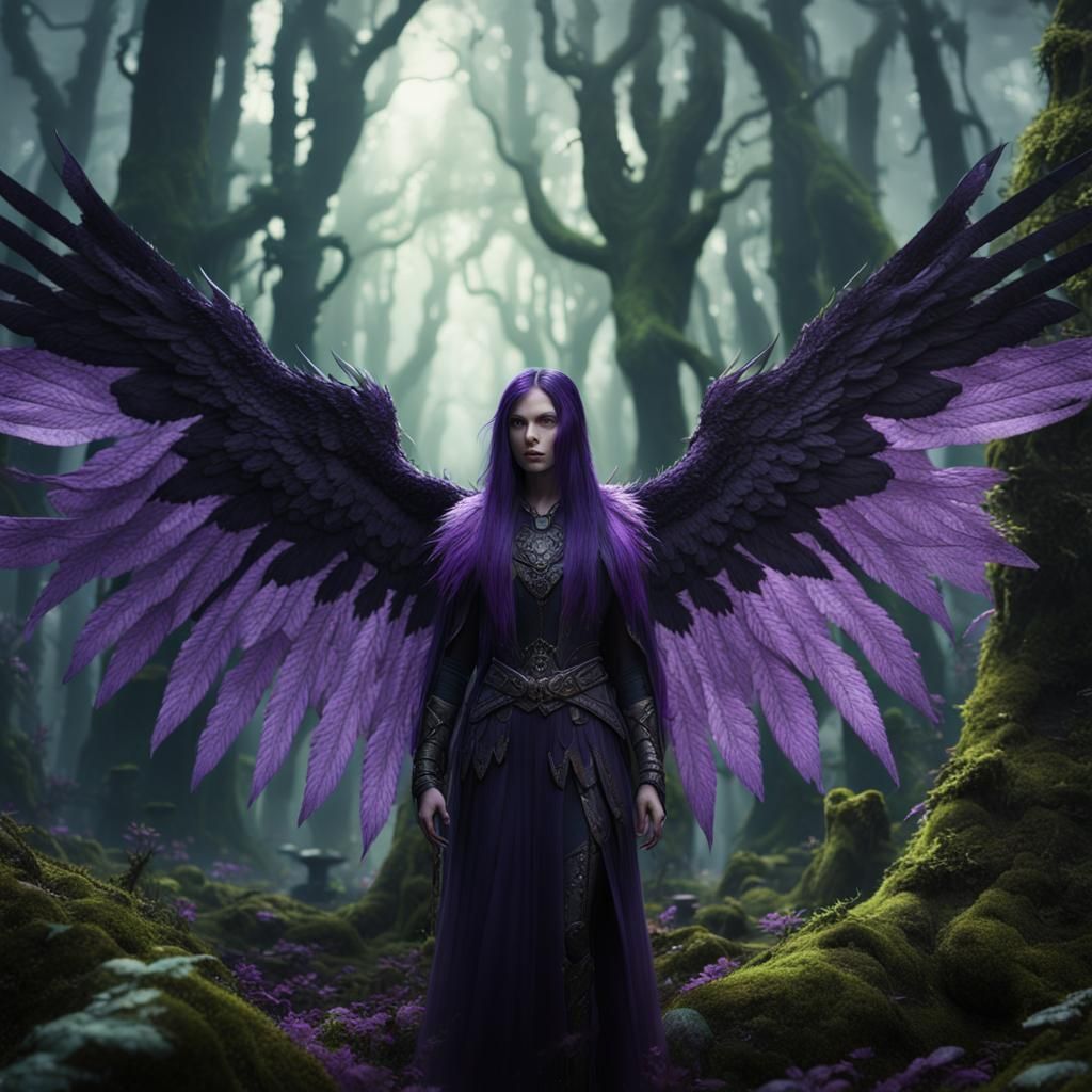 Woman with Hawk Wings in Mossy Forest