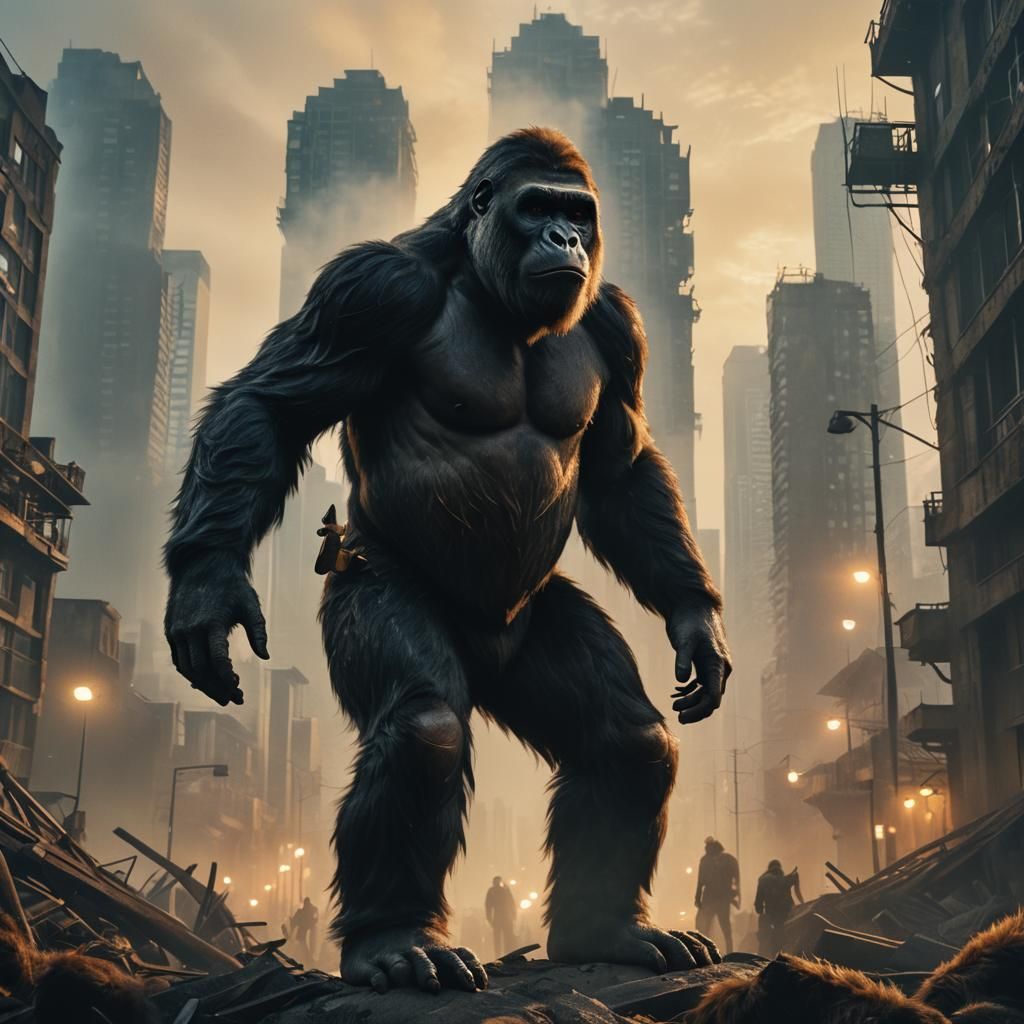 Ape in Post-Apocalyptic Cityscape: Cinematic Film Still