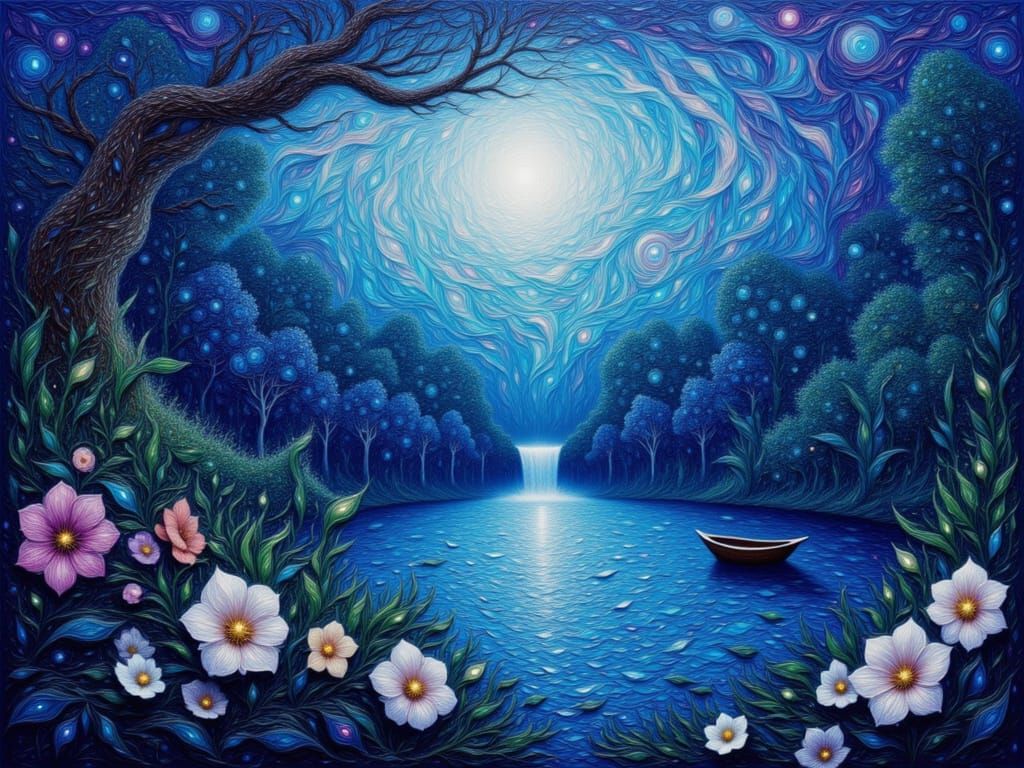 Secret Garden Waterfall Under Moonlight in Anime Style