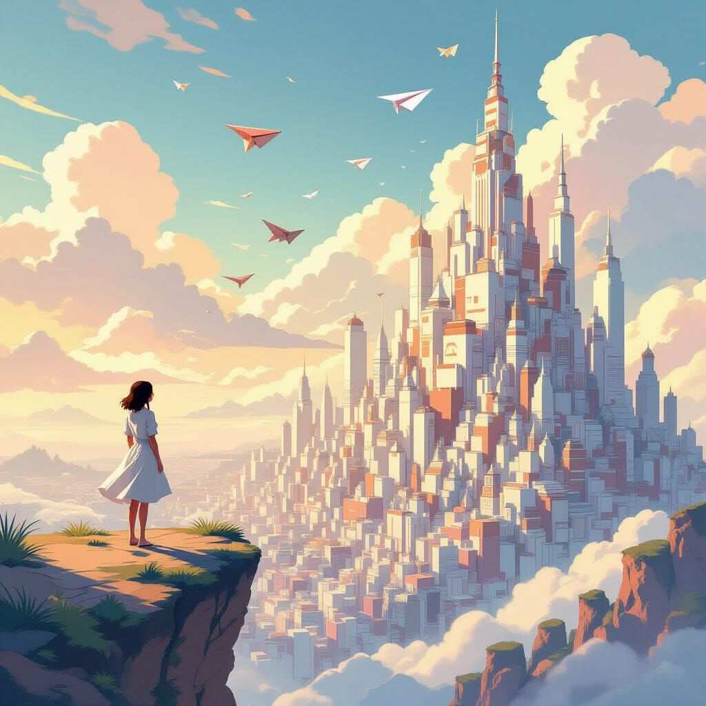 Origami Cityscape Overlook with Woman in Vintage Animation S...