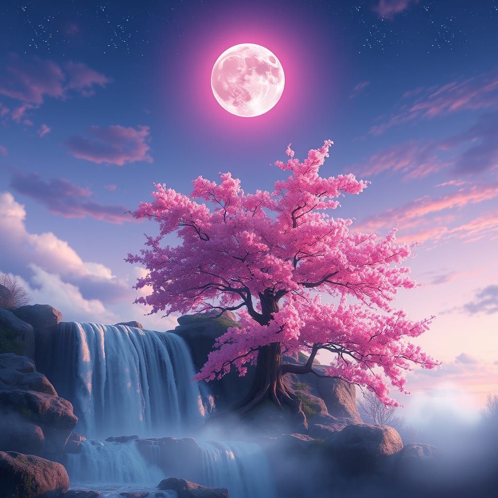 Pink Moon Over Waterfall in Anime Style
