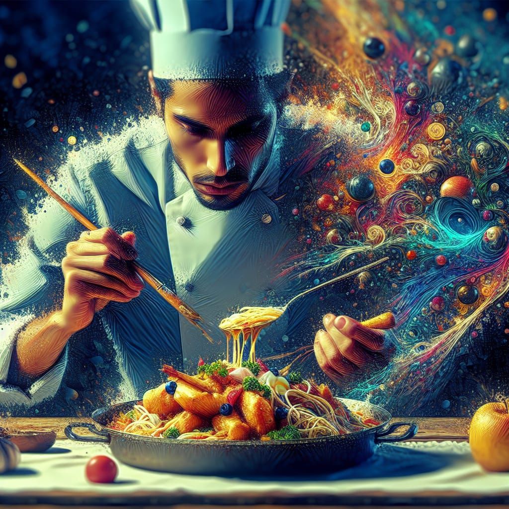 Hispanic Chef Prepares Gourmet Dish in Fantasy Art Style