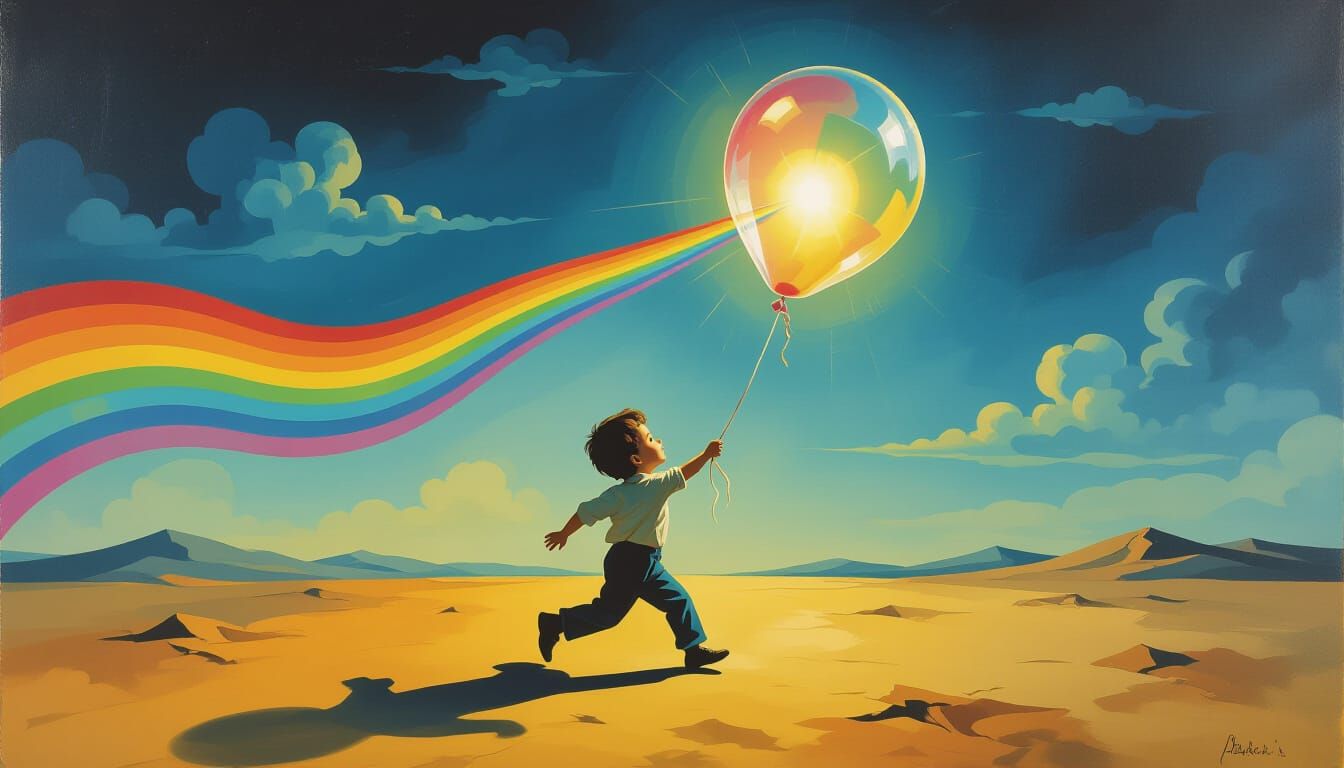 Boy with Crystal Balloon in Surrealist Style