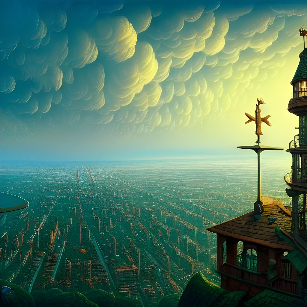 Whimsical Cityscape View from Tower Top