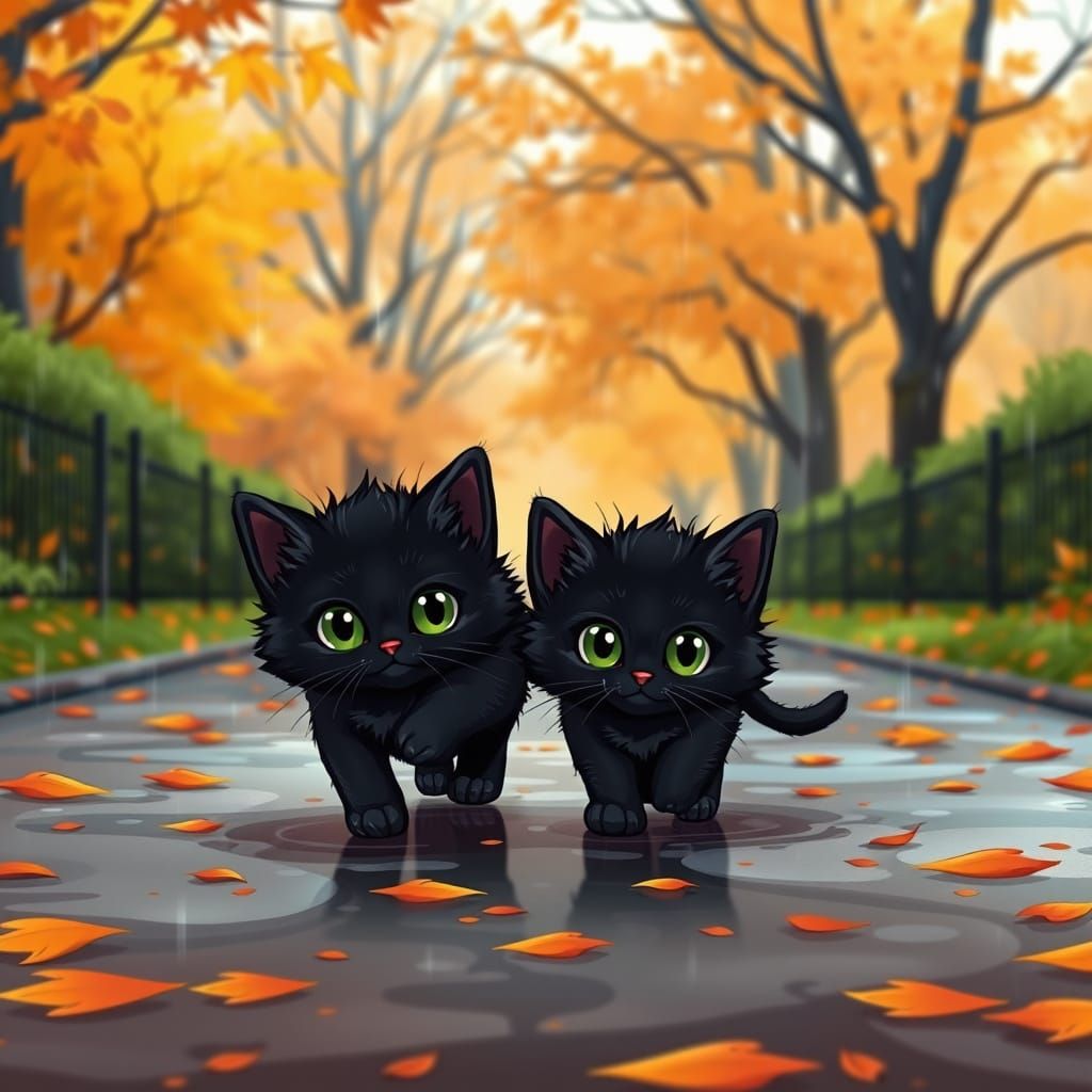Whimsical Black Kitten Couple Strolls Through Autumn Park