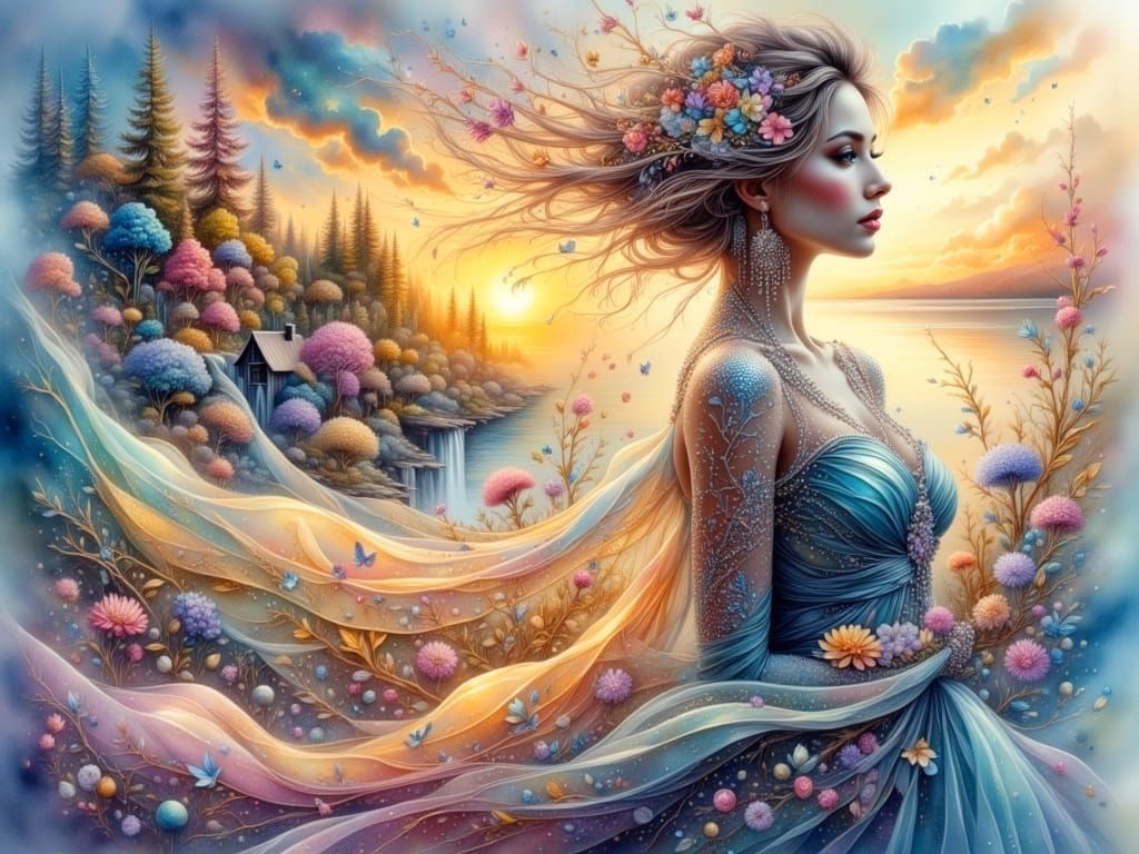 Surreal Iridescent Goddess Among Whispers of Nature