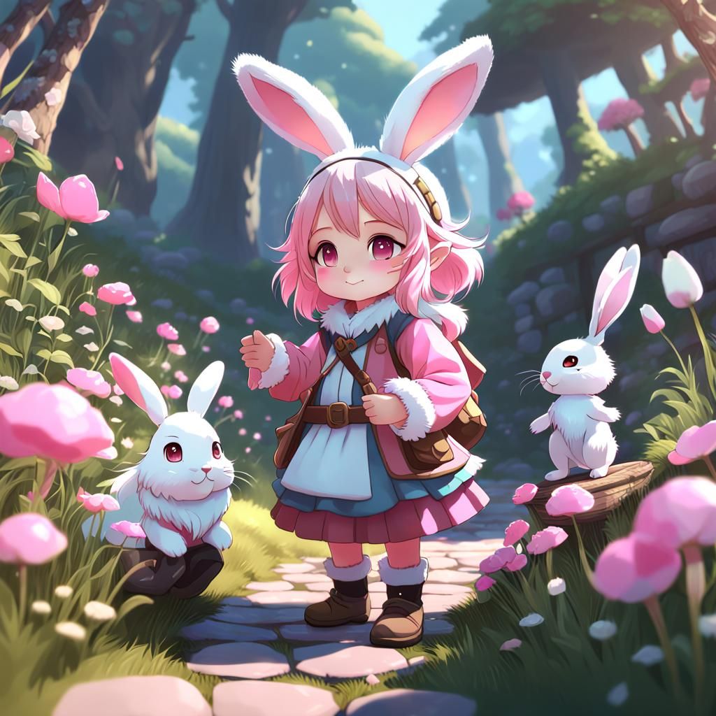 Fantasy Gnome and Woman with White Rabbit