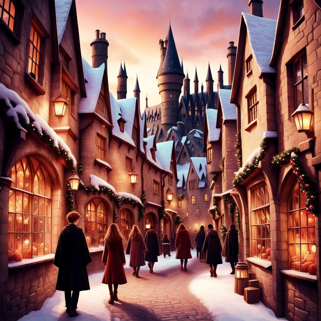 Harry Potter Christmas in Hogsmeade warm colors romanticism photoillustration elegant ethereal fantasycore