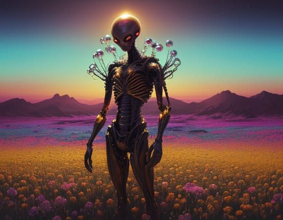 Creepy Alien Among Garish Flowers in Golden Hour