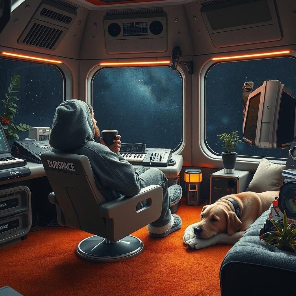 Pilot Relaxing in Futuristic Space Station Music Studio