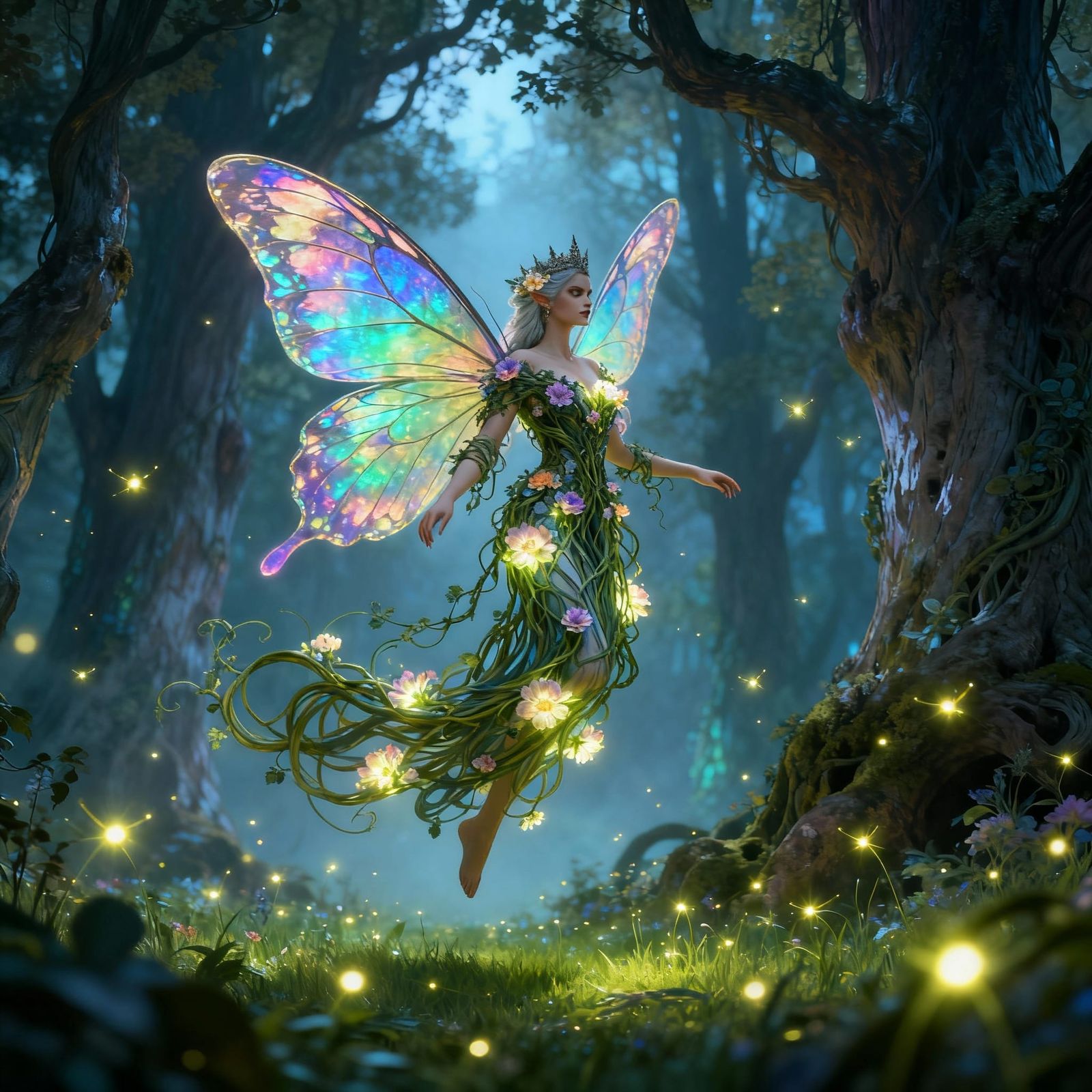 Fae Queen with Butterfly Wings in Enchanted Forest Glade