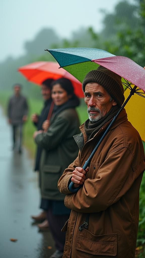 Villagers with Umbrellas in Rainy Rural Landscape