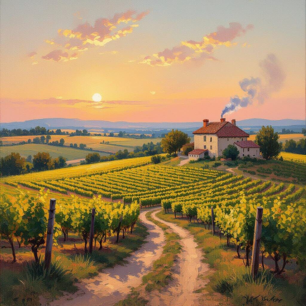 Golden Hour French Countryside Landscape Impressionist Paint...