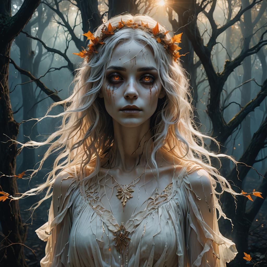 Ethereal Ghost Girl in Mystical Forest, Digital Painting