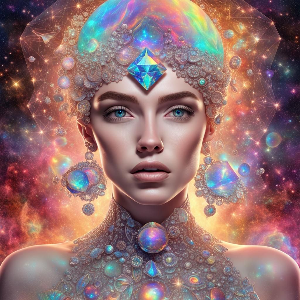 Holographic Diamond Jewelry in Cosmic Astral Illustration