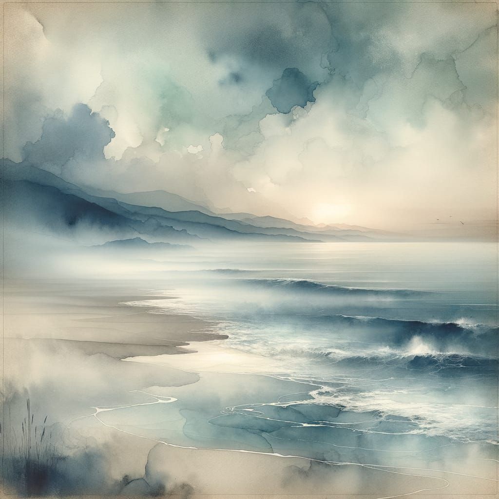 Ethereal Foggy Beach Scene in Watercolor