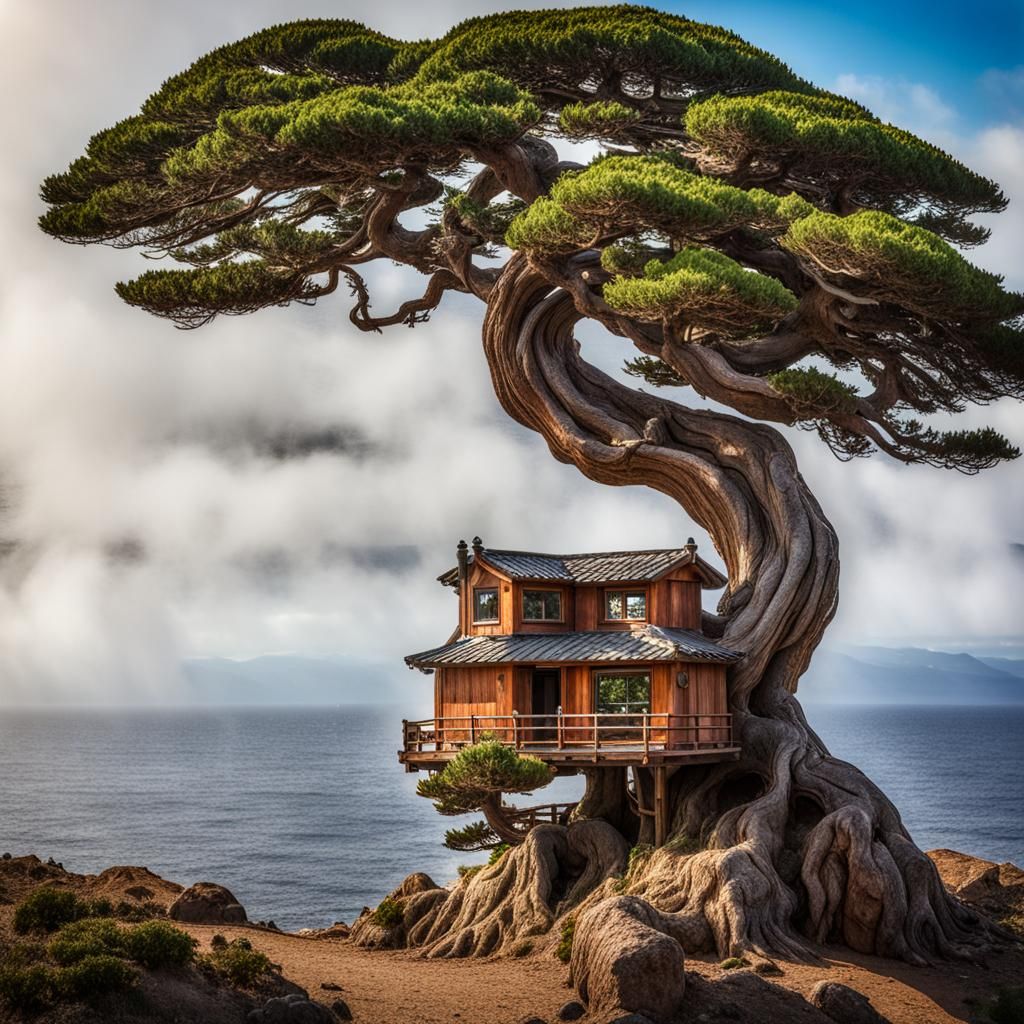 Bonsai Juniper Tree with Treehouse Overlooking Ocean