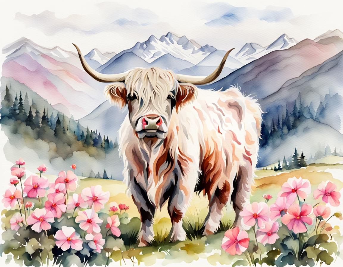 Watercolor Highland Cow in Pink Flower Field