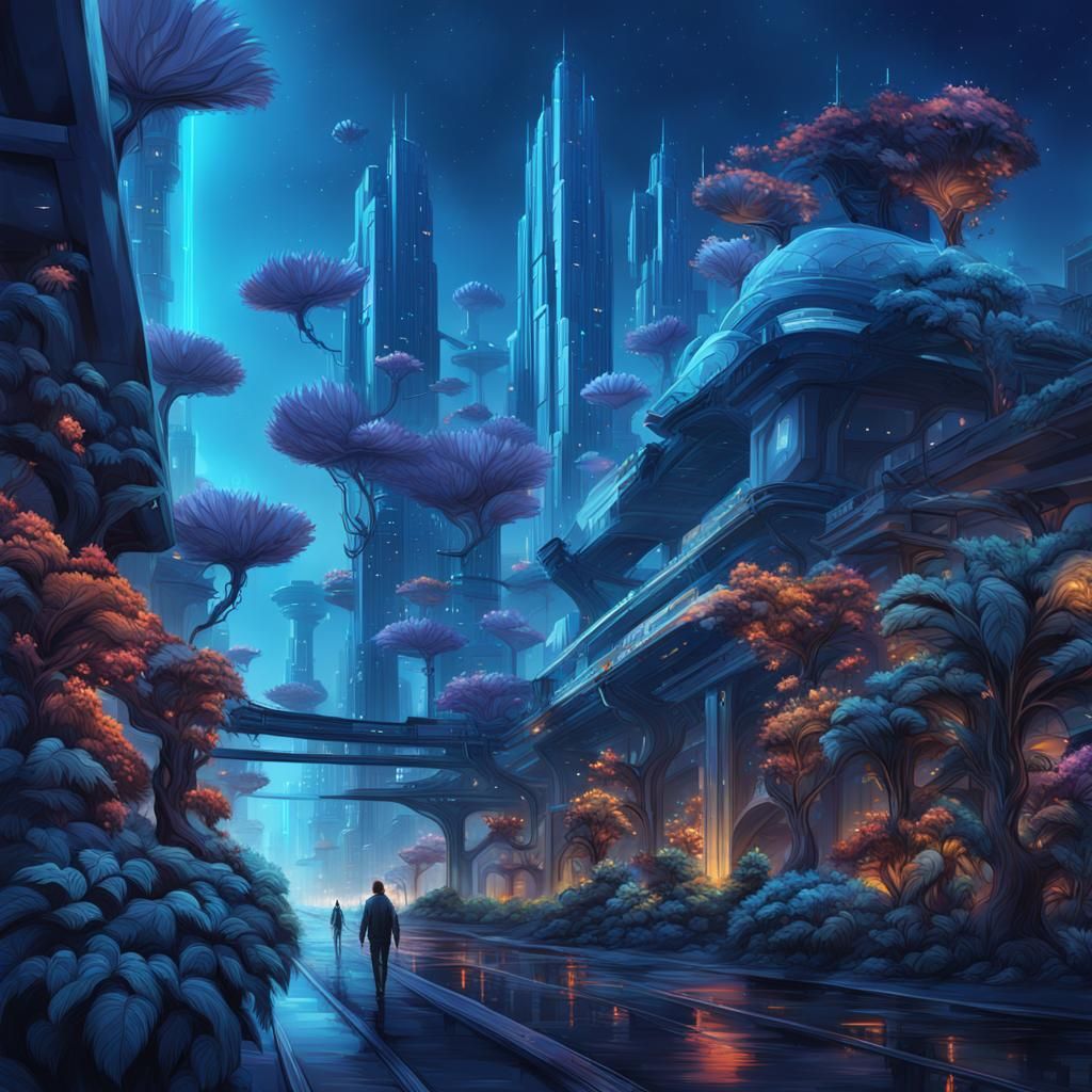 Futuristic City at Night with Giant Blue Plants