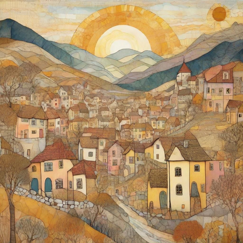Stylized Mountain Village Sunrise in Whimsy Art