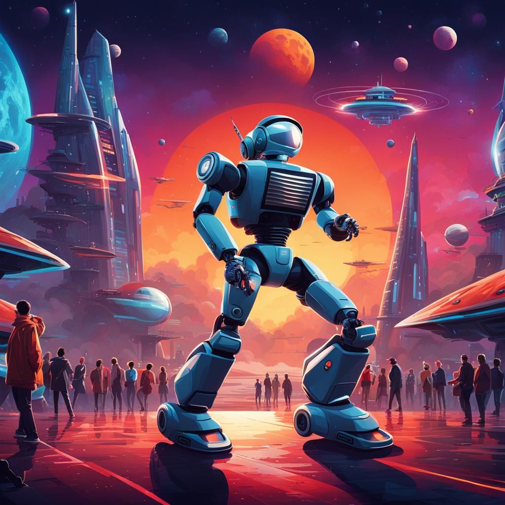 Breakdancing Robot in Futuristic Cityscape