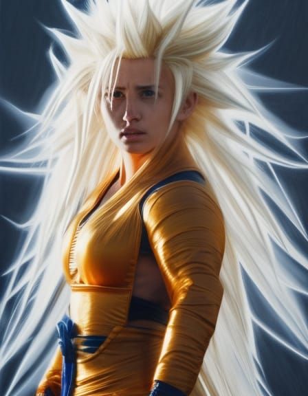 Super Saiyan Woman in Combat: Hyperrealistic Film Still