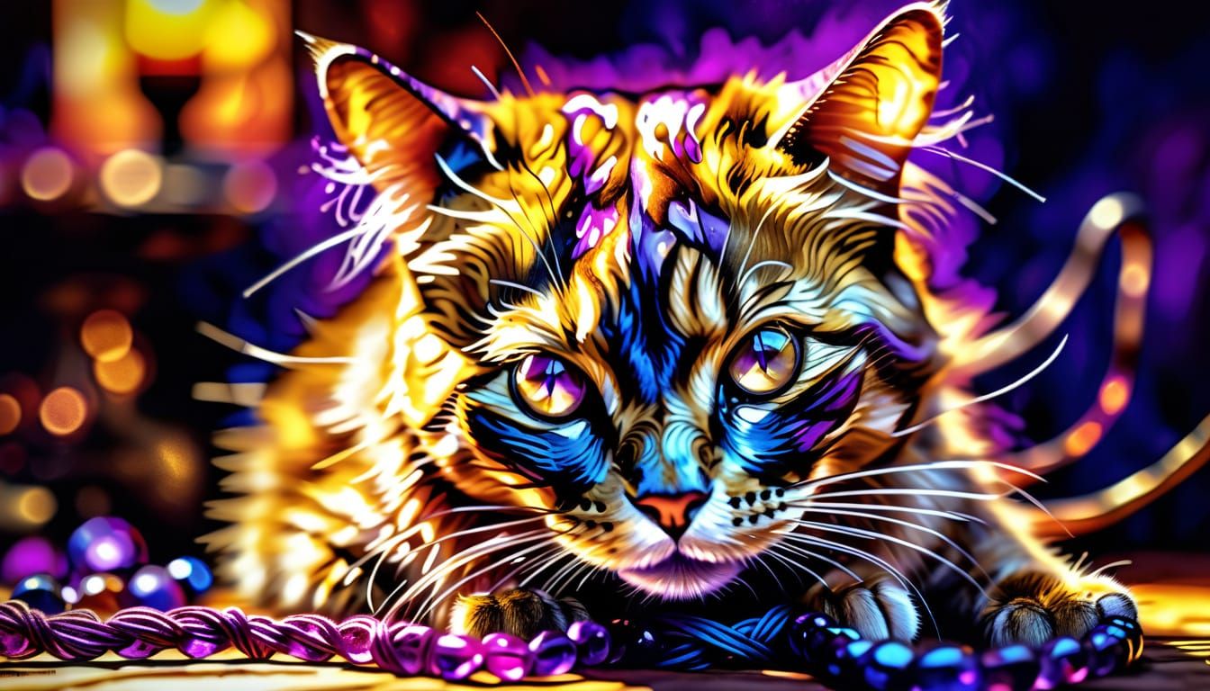 Cat-Mouse Hybrid Plays with Yarn in Alcohol Ink Style