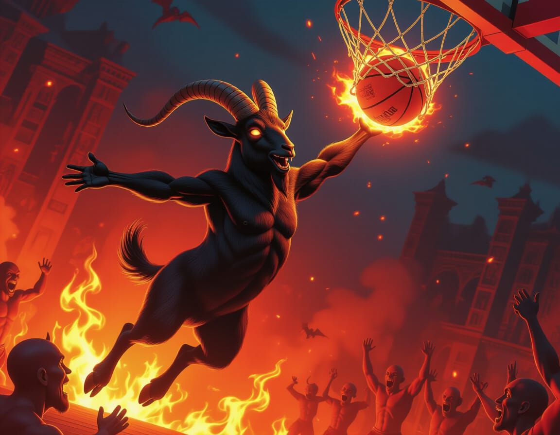 Demonic Goat Slam Dunk in Dark Fantasy Style