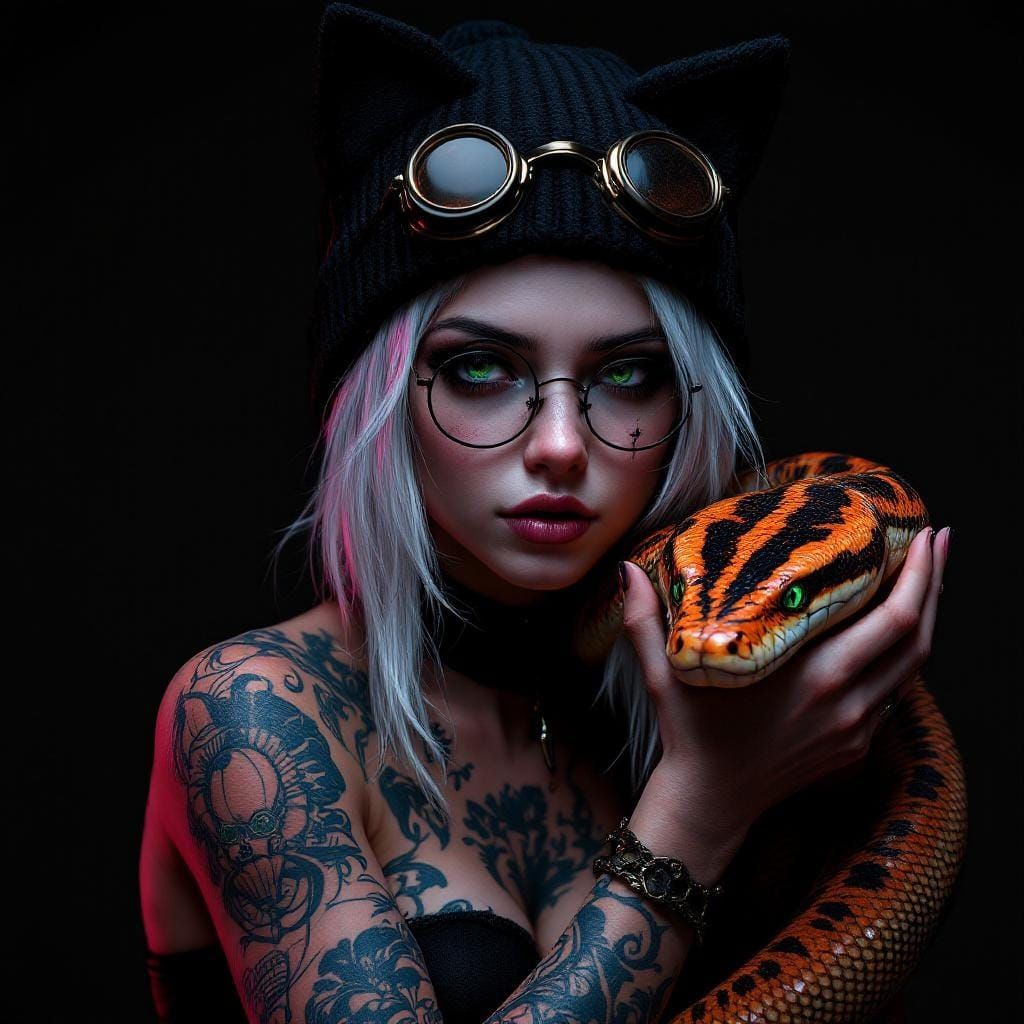 Goth-Punk Girl with Snake in Photorealistic Digital Art
