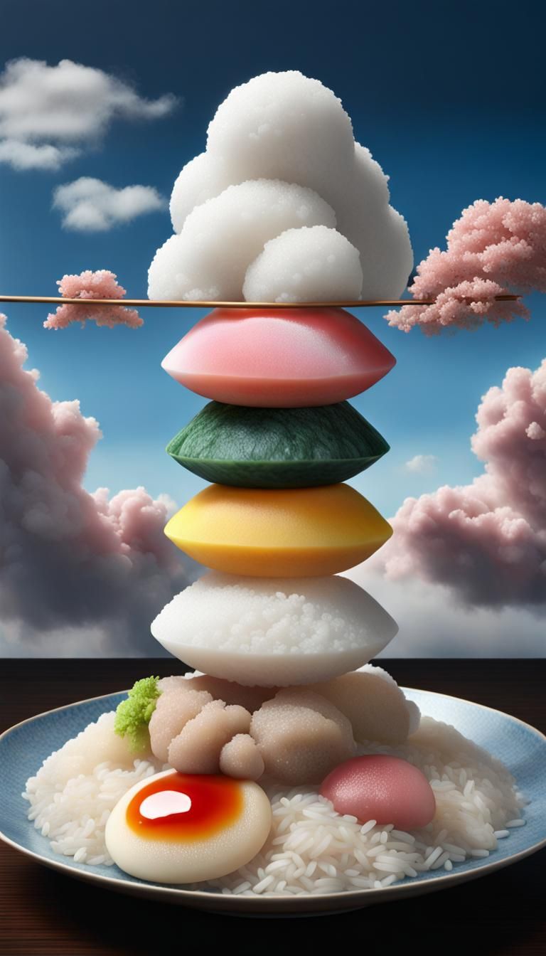 Surreal Stacked Clouds, Rice, and Mochi: A Matte Painting