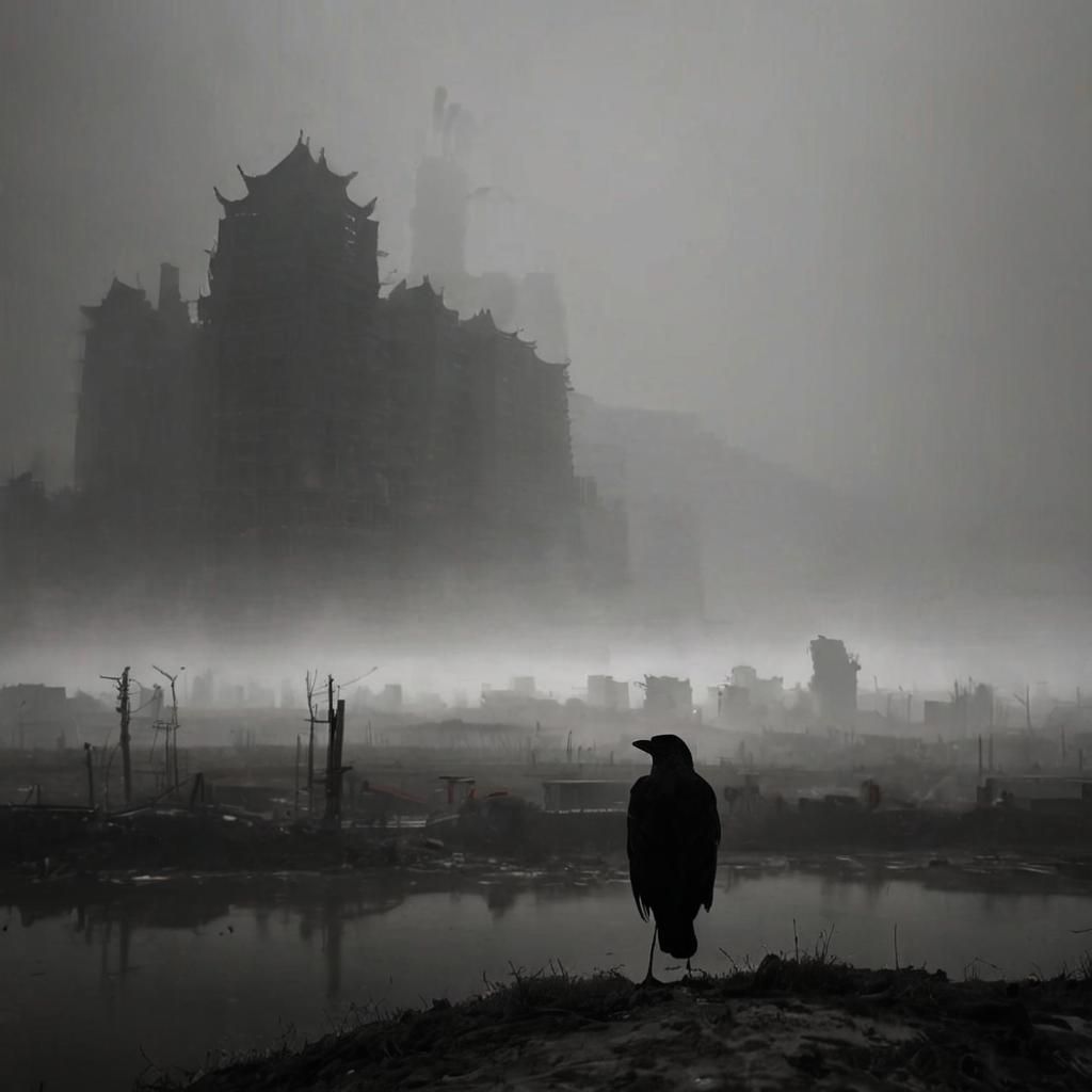 Lonely Crow in Polluted City: Powerful Cinematic Image