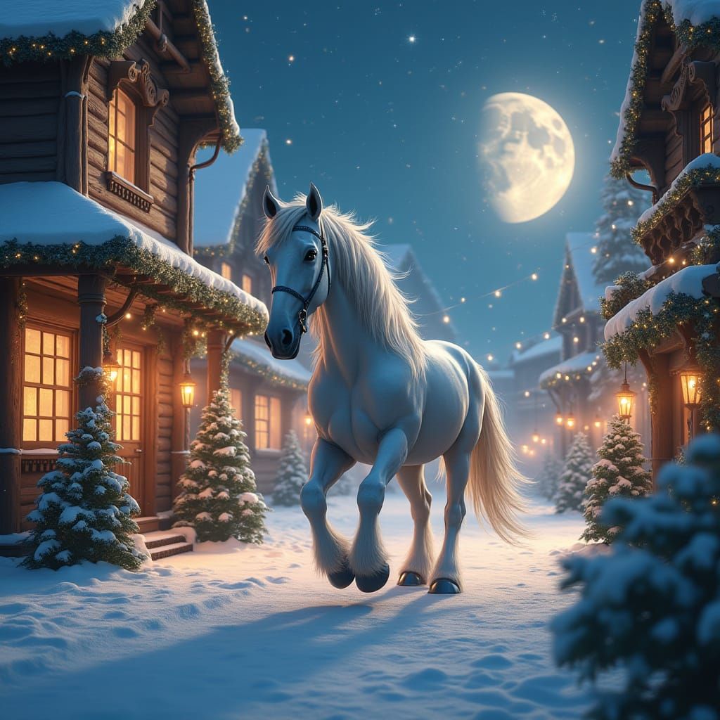 Majestic Clydesdale Horse in Whimsical Christmas Scene