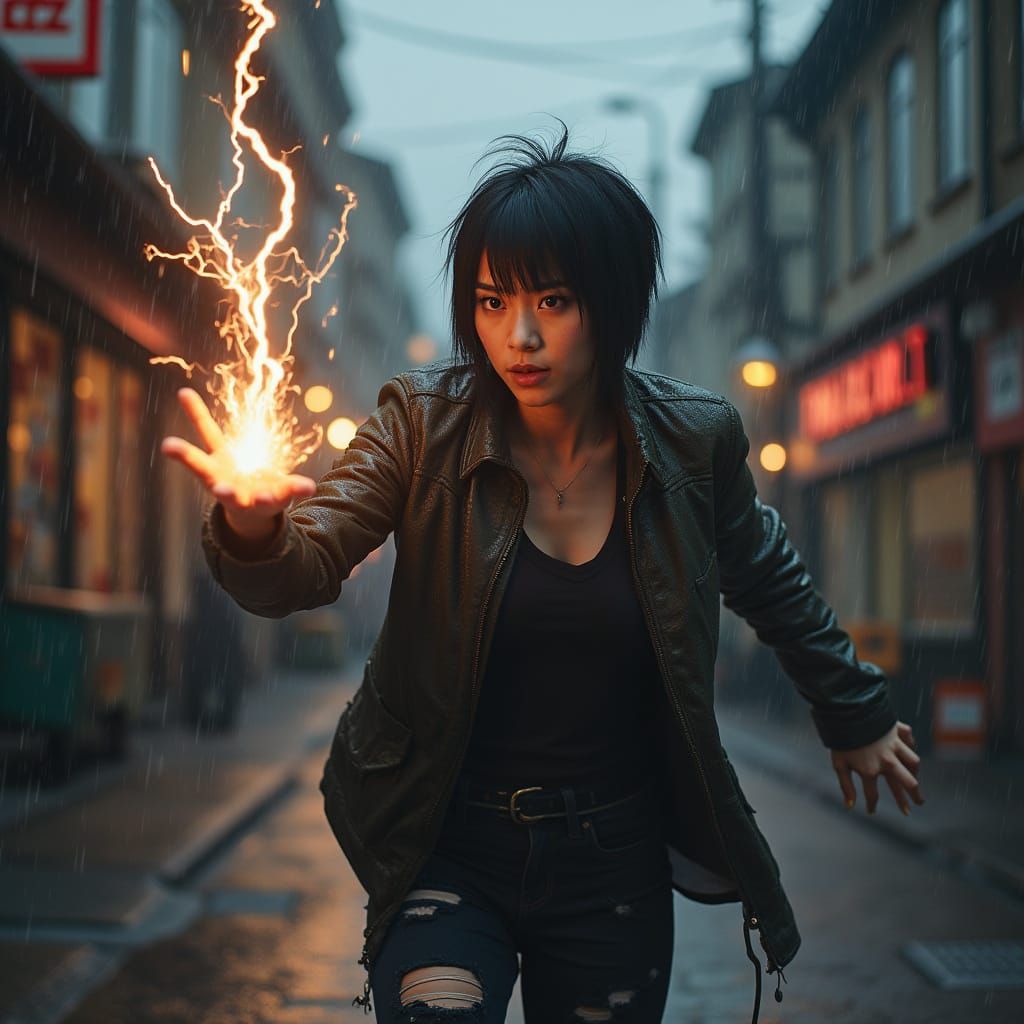Punk Woman Casting Lightning Spell on Rainy Street