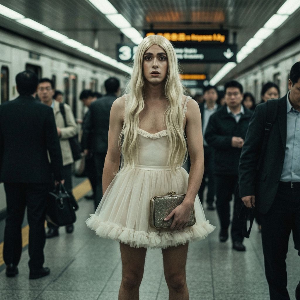 Nervous Young Man in Frilly Dress at Train Station