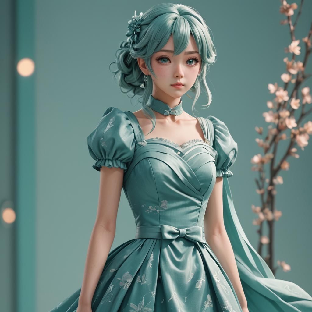 Anime Model in Teal Dress: 3D Concept Art