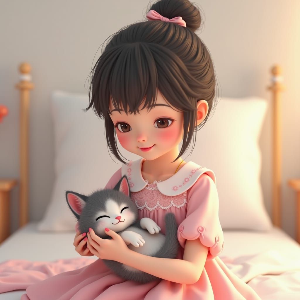 Girl Cradling Kitten in 3D Anime Style