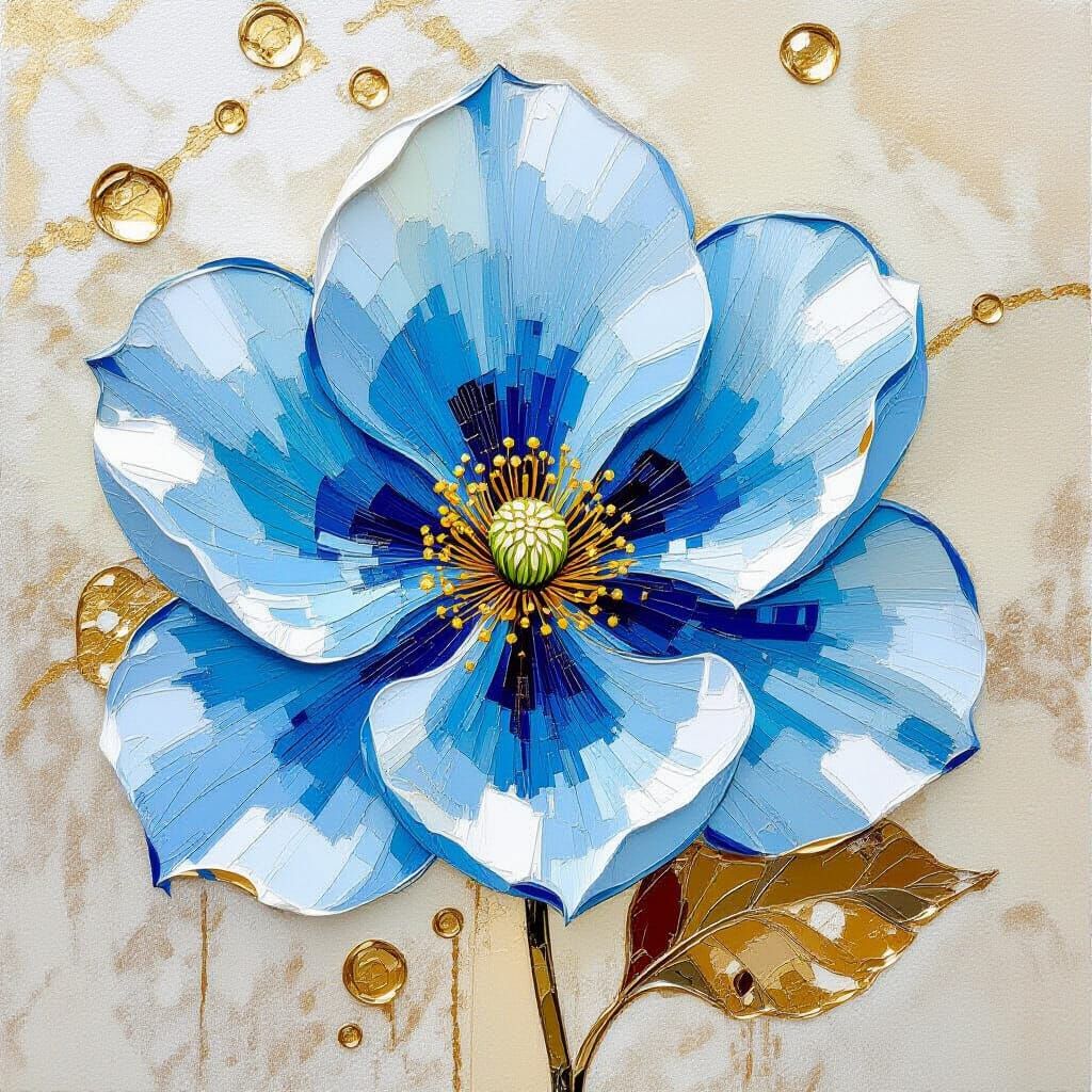 Impasto Blue Flower Painting with Golden Accents