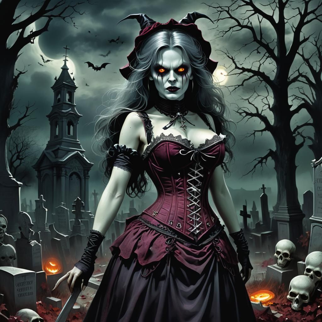 Eerie Witch in Haunted Cemetery, Gothic Horror Style