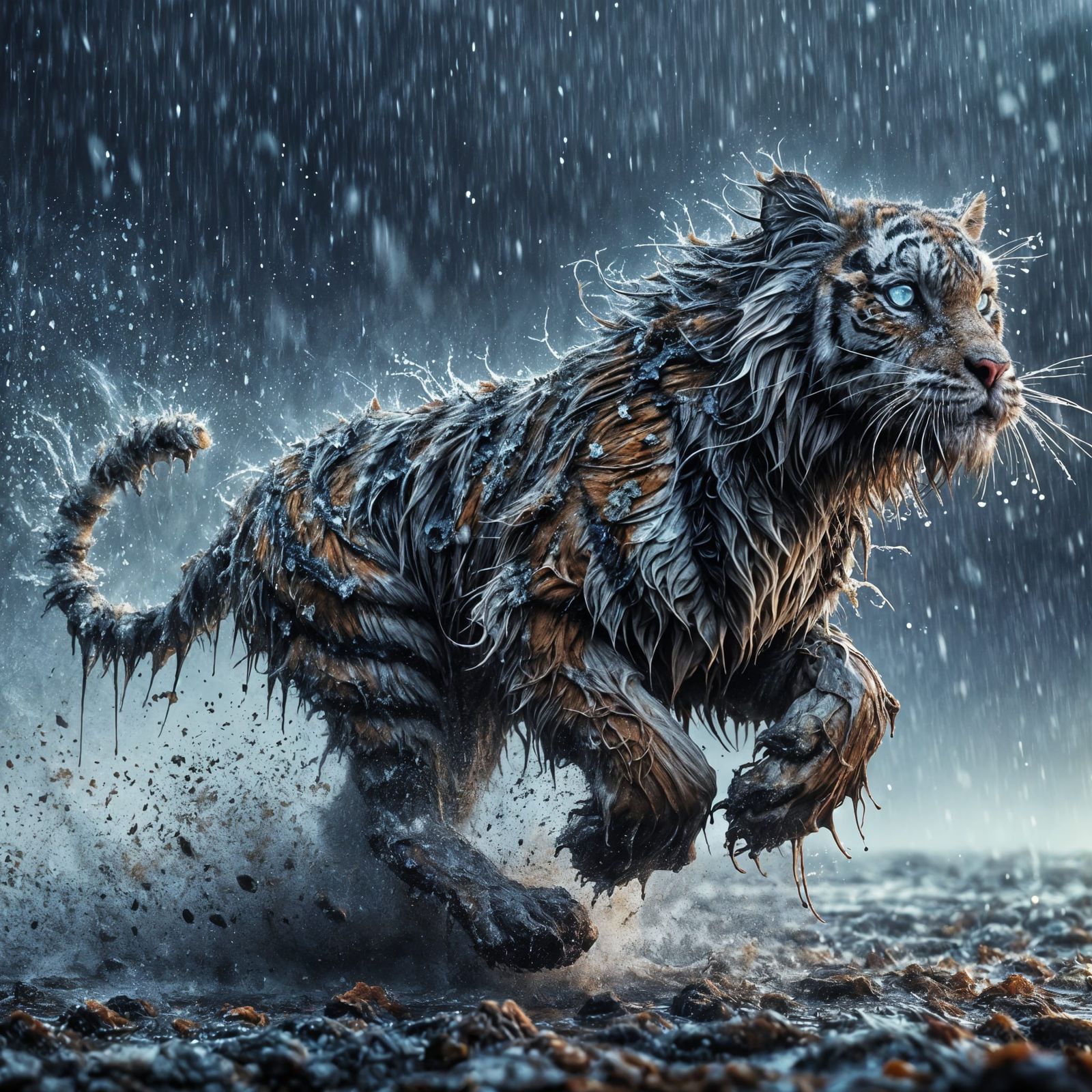 Magical Tiger Cub Runs in Storm, Matte Painting