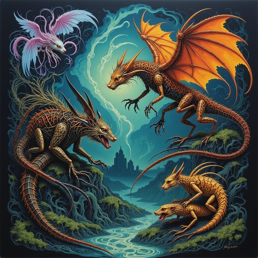 Mythical Creatures Weave Spells in Ethereal Ruins