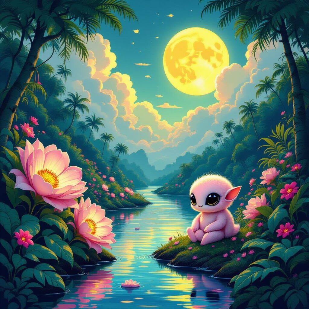 Surreal Alien in Luminous Jungle Under Yellow Moon