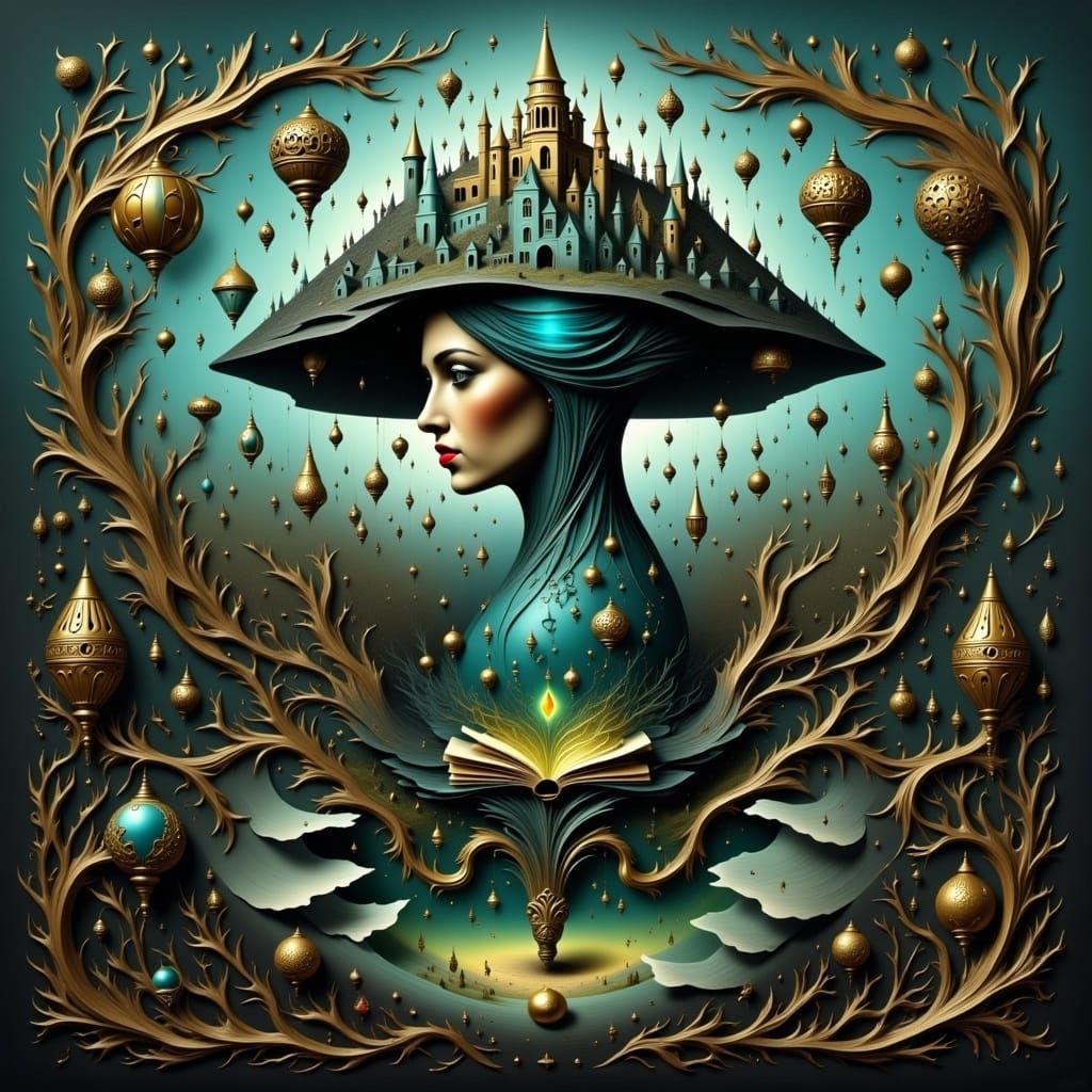 Surreal Hidden Presence in Teal, Black, and Gold