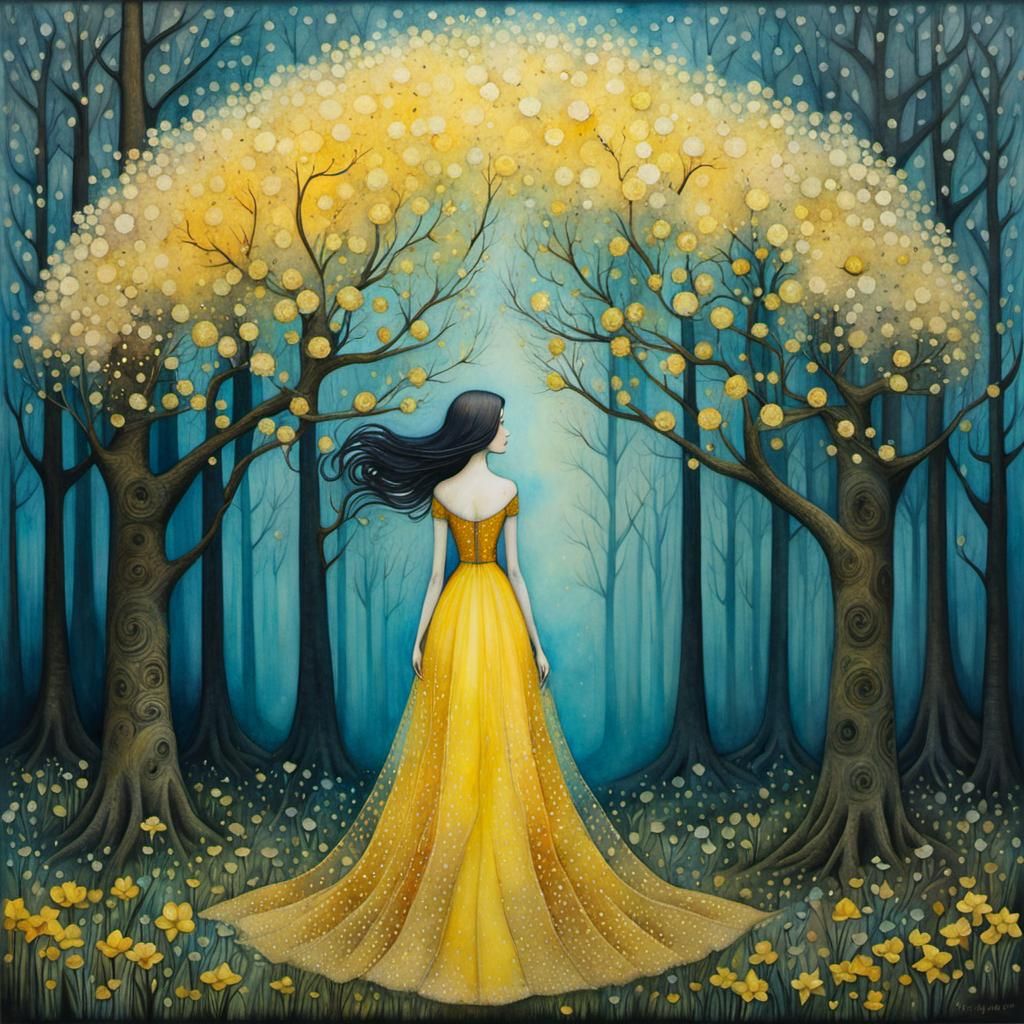 Transparent Girl with Blossom Tree in Art Brut Style